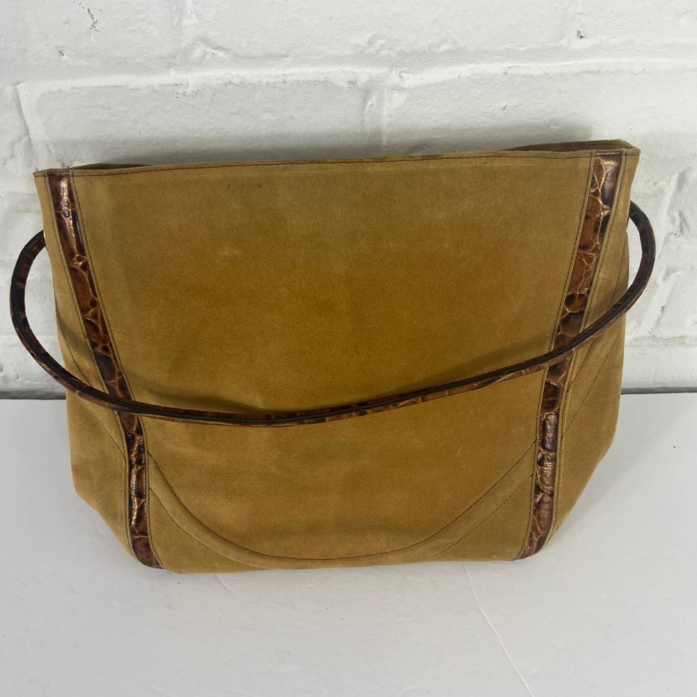 Brahmin Mustard Suede Tote with Brown Trim - Picture 2 of 5